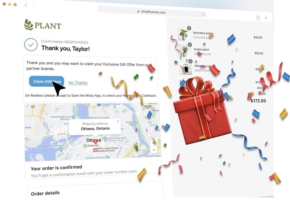 Online store thank you page with Claim Gift offer